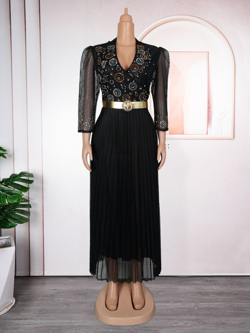 Elegant V-Neck Evening Dress With Rhinestones Plus Size A-Line Maxi Dress For Wedding/Banquet/ Wrinkle-Resistant Polyester_ecoleips.com