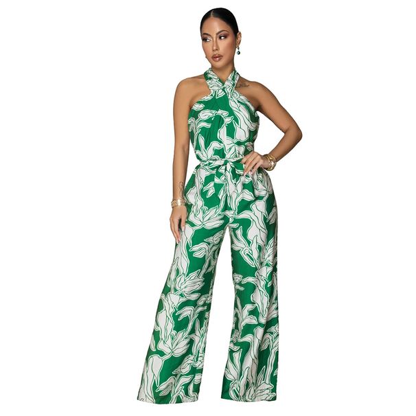 Women's Clothing Women's Sleeveless Halter Neck Jumpsuit Printed Belt Style Top For Formal & Casual For Women_ecoleips.com