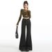 In-stock Stretchy High-waisted Black Gold Contrast-stitched Wide-leg Flared Jeans Women, Autumn Pear-shaped Body,_ecoleips.com
