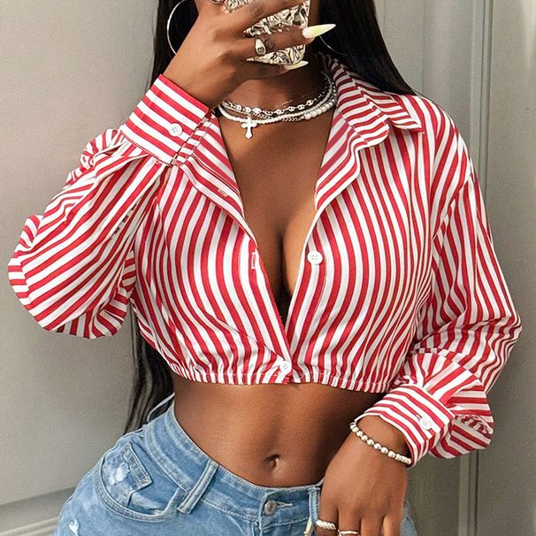 Women's Clothing Casual Striped Long Sleeved Shirt American Style Fashion Blouse For Autumn Spring Regular Fit Polyester_ecoleips.com