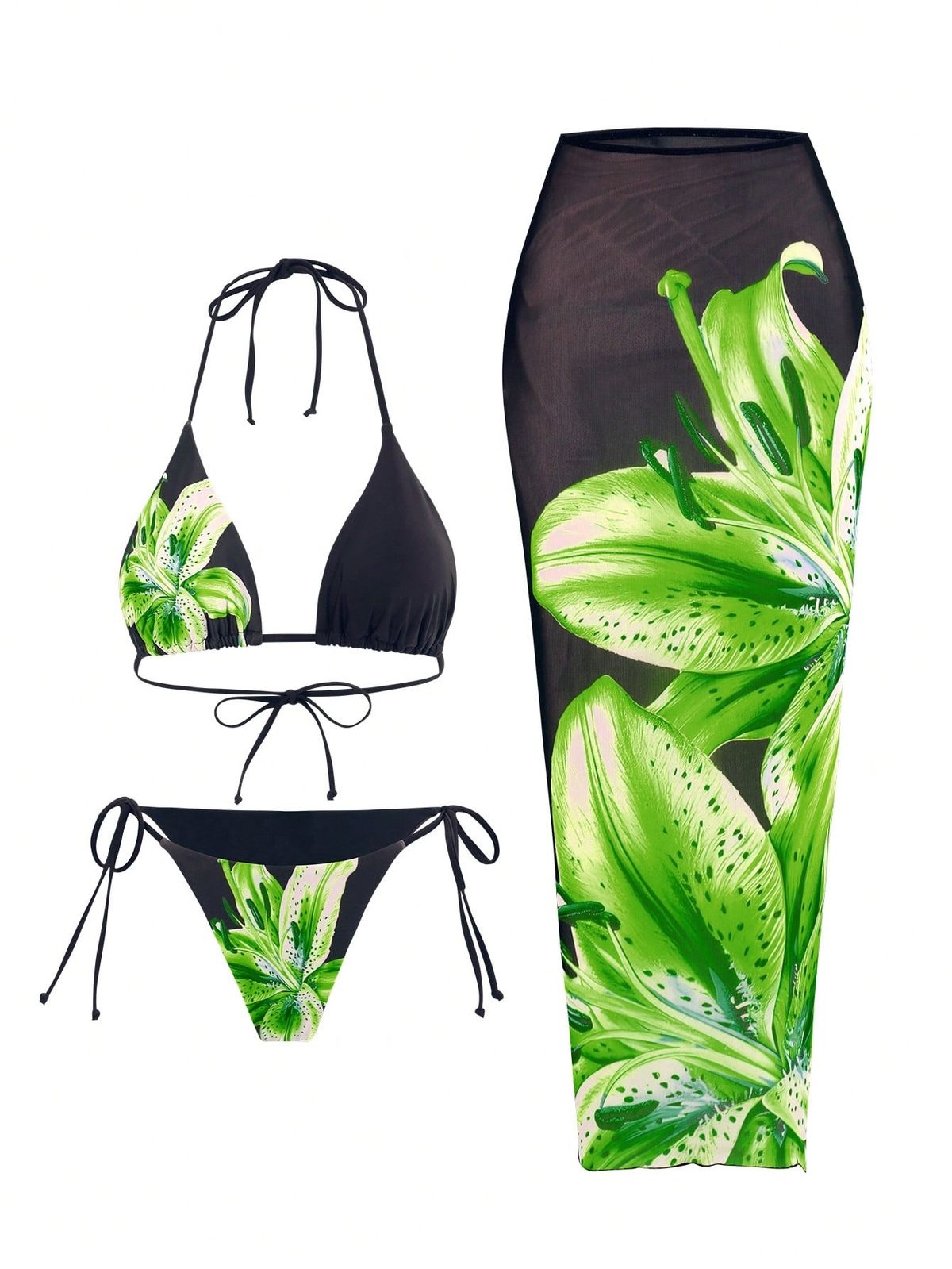 New foreign trade cross border European and American style sexy printed three piece swimsuit charm lily fixed version printed model_ecoleips.com