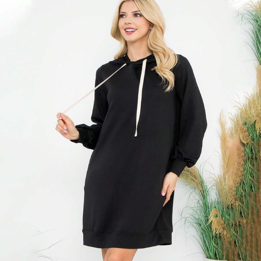 Voya Women's Casual Style Versatile Spring And Summer Mid To Long Loose Drawstring Hooded Sweatshirt Dress_ecoleips.com