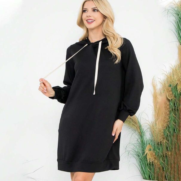 Voya Women's Casual Style Versatile Spring And Summer Mid To Long Loose Drawstring Hooded Sweatshirt Dress_ecoleips.com