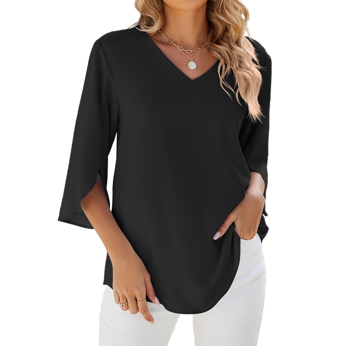 Women's Clothing Spring And Summer New Solid Color V Neck Mid Sleeve Loose Chiffon Shirt Women's Top_ecoleips.com