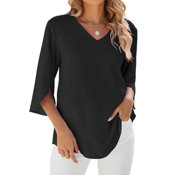 Women's Clothing Spring And Summer New Solid Color V Neck Mid Sleeve Loose Chiffon Shirt Women's Top_ecoleips.com