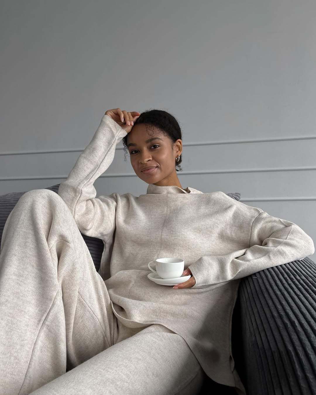Women's Clothing Knit Sweater & Wide Leg Pants Set - High Neck Slit Pullover With Loose Fit Trousers, Streetwear Outfit In Dusty Pink & Cream_ecoleips.com