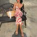 Retro French Romantic Beach Vacation Style Strapless Long Dress Floral Print Tie Waist Slip For Women_ecoleips.com