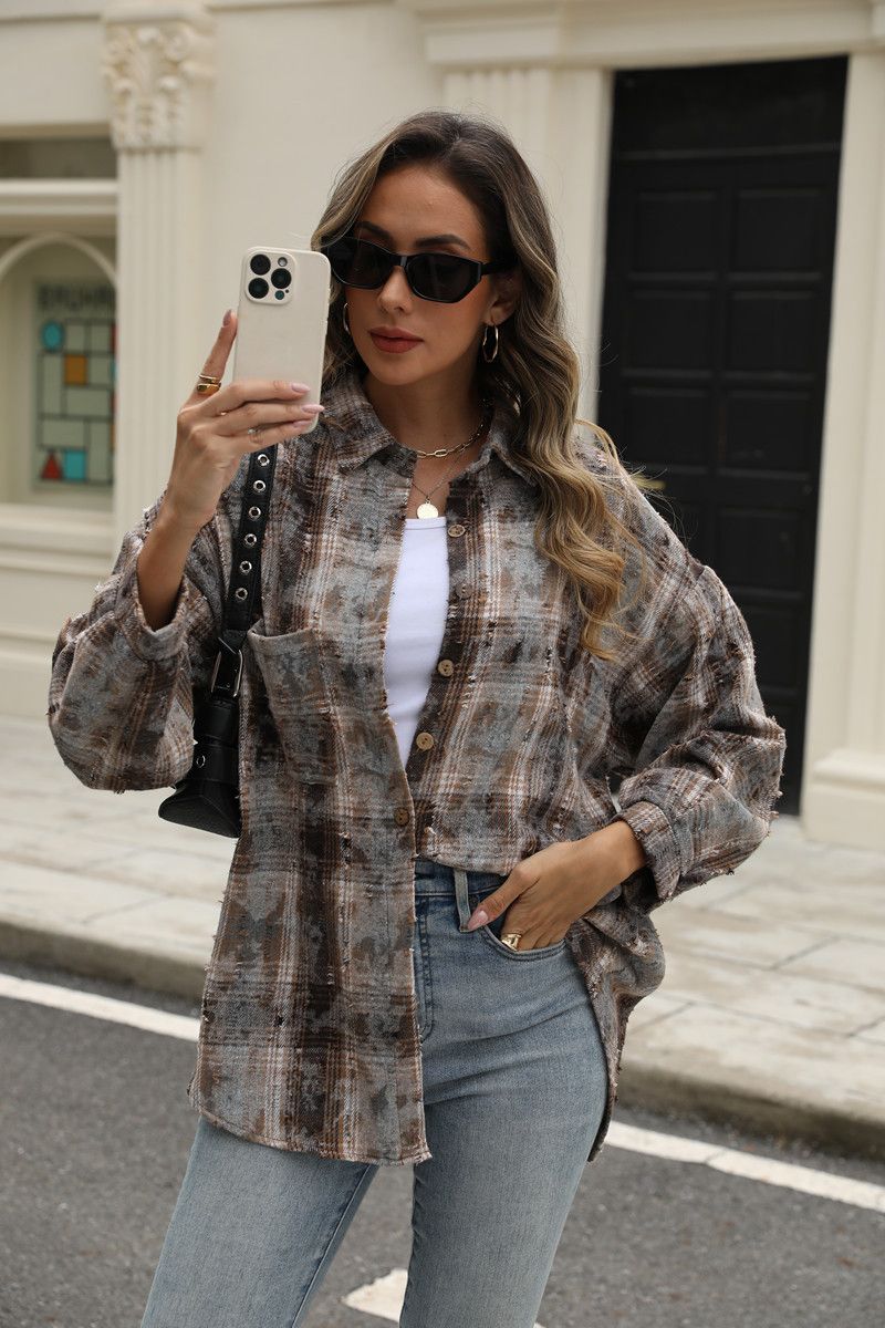 Streetwear Plaid Shirt For Women – Distressed Long Sleeve Shacket With Chest Pocket (Khaki/Green/Red/Blue)_ecoleips.com