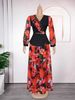 New Plus Size Women's Chiffon Print Two-Piece Dress V-Neck Flowy Maxi Dress With Long Sleeves, Elegant & Sweet Style ( Polyester Blend)_ecoleips.com