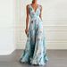 European American Cross-border Women's Blue Tulip Print Dress, Elegant And Flowing, Sleeveless V-neck Chiffon Long Dress_ecoleips.com