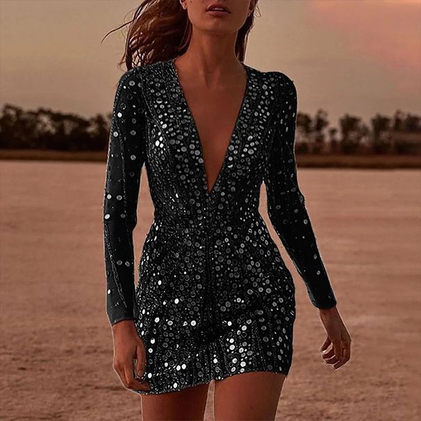Women's Clothing Long Sleeved Bodycon Dress Sexy Deep V See Through Gold Flecked Evening Gown For Spring New Style Fashion_ecoleips.com