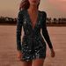 Women's Clothing Long Sleeved Bodycon Dress Sexy Deep V See Through Gold Flecked Evening Gown For Spring New Style Fashion_ecoleips.com