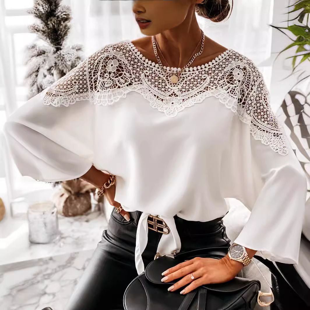 K New Long Sleeve Lace Lace Shirt Solid Color Commuter Top Round Neck. No Necklaces Or Other Accessories_ecoleips.com