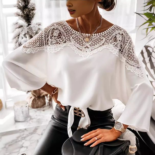 K New Long Sleeve Lace Lace Shirt Solid Color Commuter Top Round Neck. No Necklaces Or Other Accessories_ecoleips.com