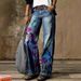 Women's Wide Leg Flare Pants Faux Denim With Five-Pointed Star Print Bohemian Casual Beach Style Cotton Jeans For Spring/Autumn & Summer_ecoleips.com