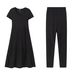 New European American Style Black Ribbed Knit Suit For Women, Featuring A Short-sleeved Slit Long Skirt Wide-leg Pants,_ecoleips.com