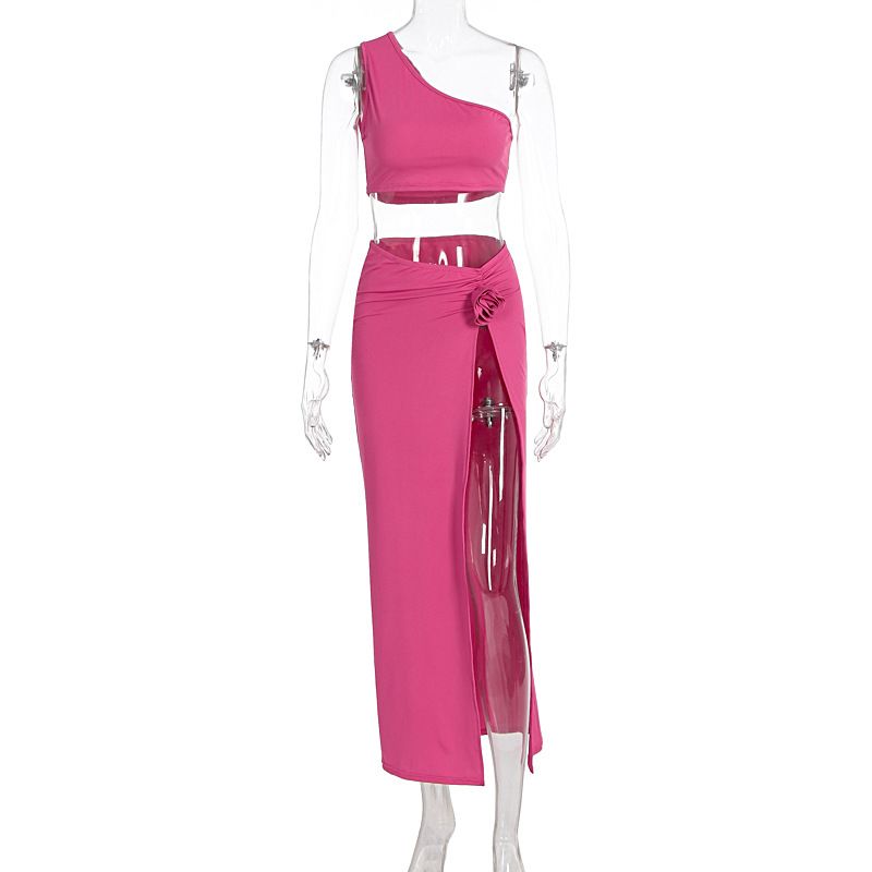 New Summer Women Sexy Backless Asymmetrical Shoulder Top Bodycon Split Midi Skirt Two Piece Matching Dress Set Outfit_ecoleips.com