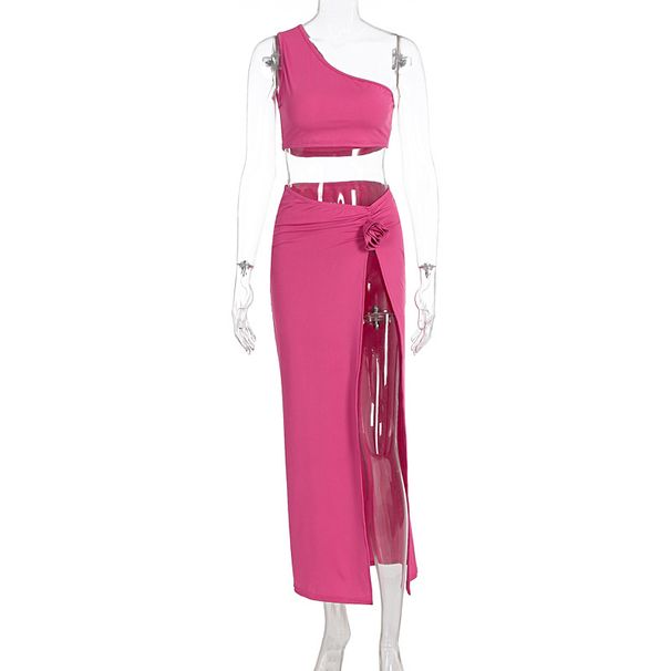 New Summer Women Sexy Backless Asymmetrical Shoulder Top Bodycon Split Midi Skirt Two Piece Matching Dress Set Outfit_ecoleips.com