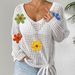 Women's V-neck Pullover Top With Hollow-out Design, Tie-dye Bow, Knitted Outer Layer, And Loose-fitting Sweater_ecoleips.com