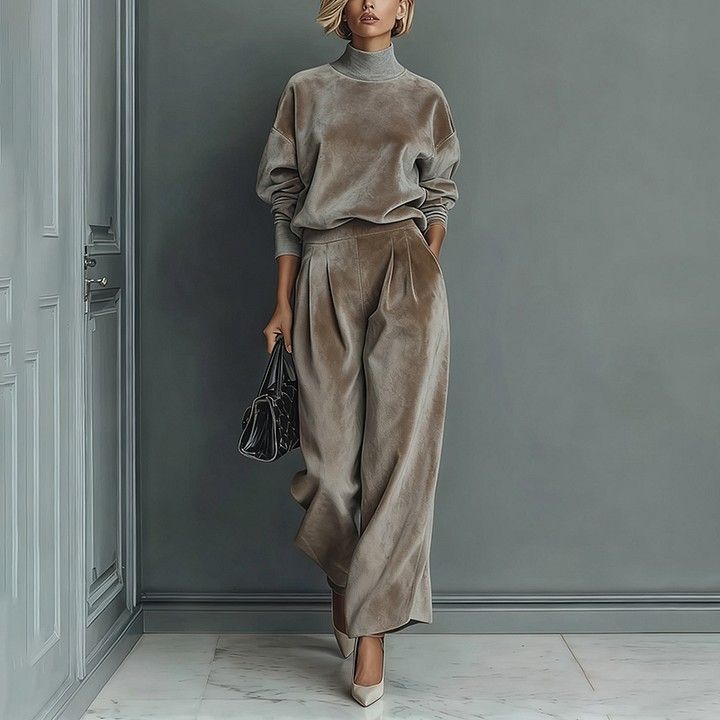 Velvet-Touch High-Neck Tracksuit Set - Cozy Wide-Leg Pants & Zip-Up Top For Women_ecoleips.com