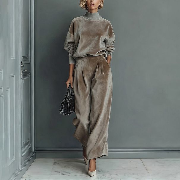 Velvet-Touch High-Neck Tracksuit Set - Cozy Wide-Leg Pants & Zip-Up Top For Women_ecoleips.com