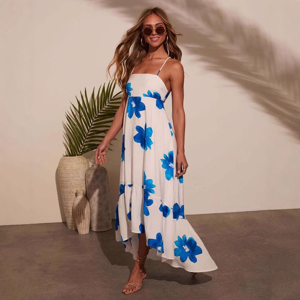 2025 Summer New Cross-Border Two-Tone Strap Bohemian Gown Printed Tie-Dye Dress_ecoleips.com