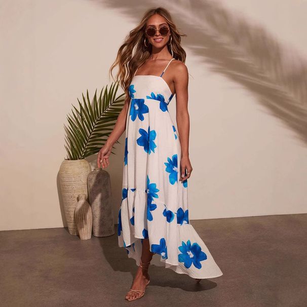 2025 Summer New Cross-Border Two-Tone Strap Bohemian Gown Printed Tie-Dye Dress_ecoleips.com