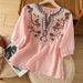 Embroidered V-Neck Cotton And Linen Summer Artistic Casual Blouse, Loose Mid-Sleeve Slimming Short-Sleeved Top For Women_ecoleips.com