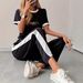 Women's Trendy Gold Gradient Letter Print Short Sleeve T-Shirt & Pants Set – Casual Summer Outfit, Lightweight Polyester, S/M/L/XL_ecoleips.com