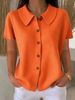 Fashionable And Elegant Lapel Waffle Knit Solid Color Casual Short Sleeved Shirt Women's Clothing Tops New_ecoleips.com