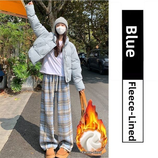 Women's Clothing Designer Fleece Lined Two Piece Suit Stylish Relaxed Fit Top With Flowy Plaid Pants Casual Set For Women_ecoleips.com