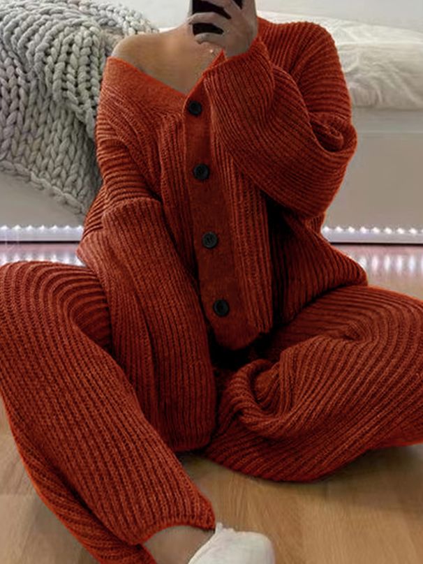 Women's Casual Knit Cardigan & Pants Set - Soft Long Sleeve Sweater Outfit For Fall & Spring (Black, Russet, Gray, Apricot) S/M/L/XL_ecoleips.com