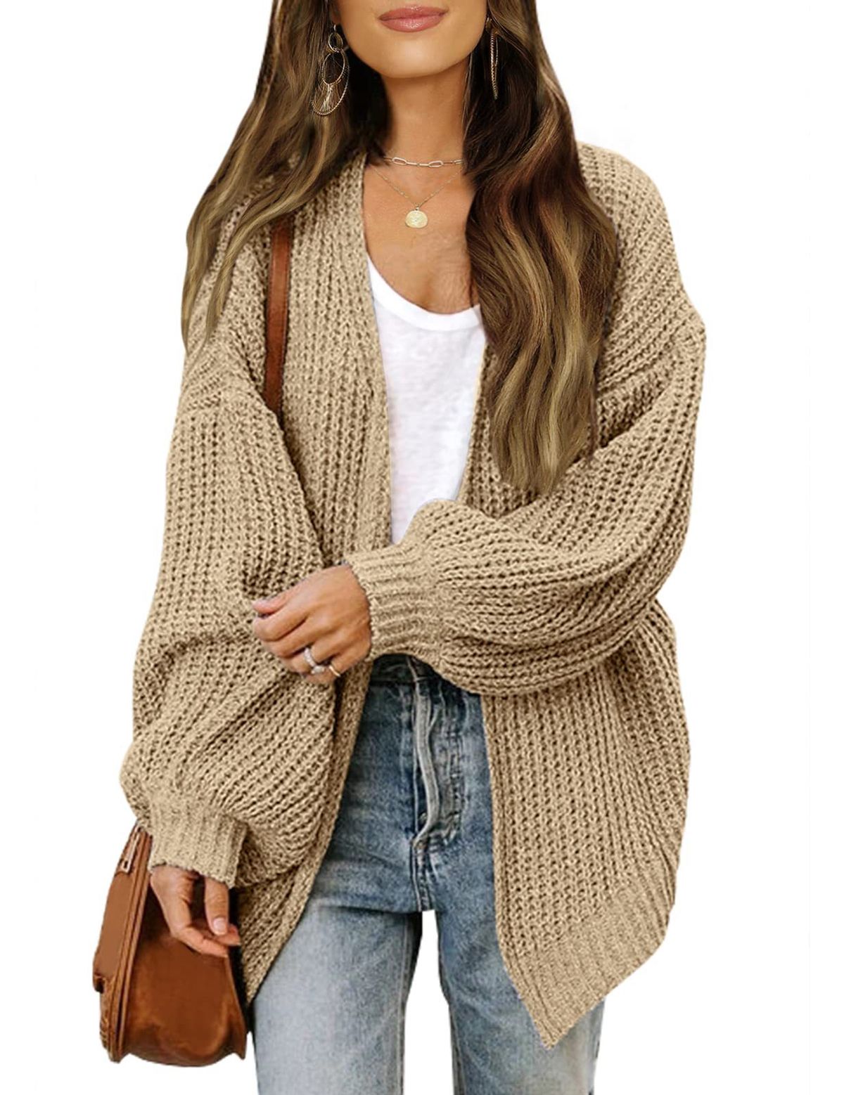 Women's Chunky Knit Cardigan With Lantern Sleeves & Pockets - Oversized V-Neck Open Front Sweater Coat For Fall Winter_ecoleips.com