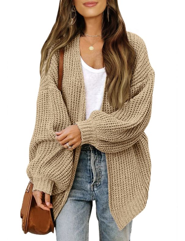 Women's Chunky Knit Cardigan With Lantern Sleeves & Pockets - Oversized V-Neck Open Front Sweater Coat For Fall Winter_ecoleips.com