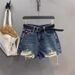 Dark Blue High-Waisted Washed Distressed Denim Shorts Women's Sexy Slimming Wide Leg Hot Pants Summer 2026 Arrival_ecoleips.com