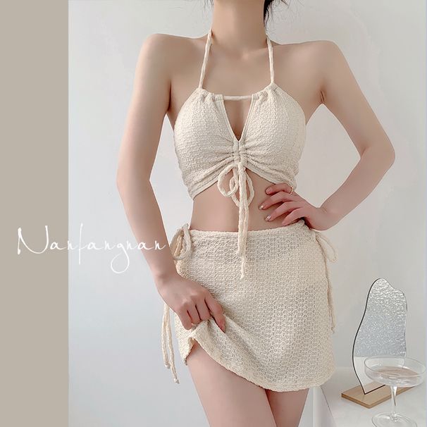 Women's High-End Lace-Up Swimsuit New Style Bikini Three Piece Set Skirt Style Two Piece Pure Sexy Conservative For Beach Or Hot Springs_ecoleips.com