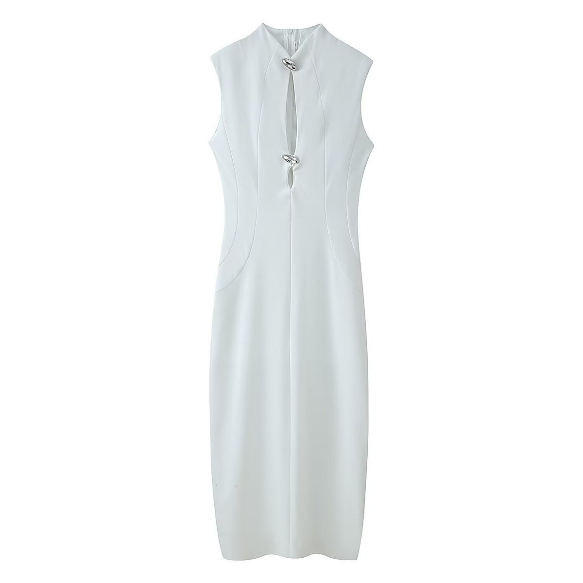 Women's Sleeveless Button-Detail Midi Dress – Elegant Hollow-Out Design For Spring (White/Black)_ecoleips.com