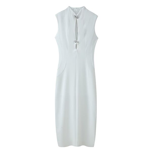 Women's Sleeveless Button-Detail Midi Dress – Elegant Hollow-Out Design For Spring (White/Black)_ecoleips.com