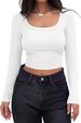 Women's Ribbed Slim Fit T-Shirt Square Neck Long Sleeve Short/Long Length Fashion Top For American Style_ecoleips.com