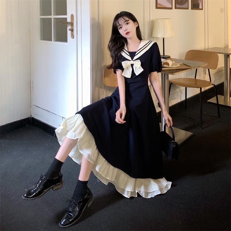 Sweet Youthful Naval Collar College Style Dress Summer Wear Plus Size Hide Belly Slimming Long Dress Korean High Waist A-Line..._ecoleips.com