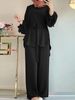 H730 Muslim Women's Solid Color Drawstring Tie Two-Piece Set Round Neck Top Wide-Leg Pants Elegant Ladies Suit_ecoleips.com