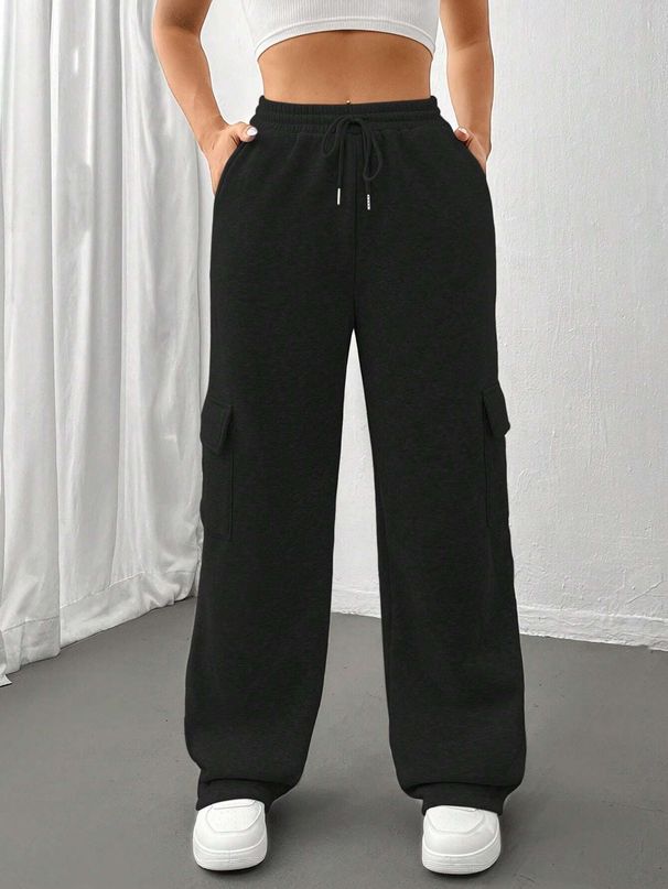 Women's Fashion Wide Leg Sweatpants Autumn/Winter Solid Color Side Pocket Versatile Straight Trousers_ecoleips.com