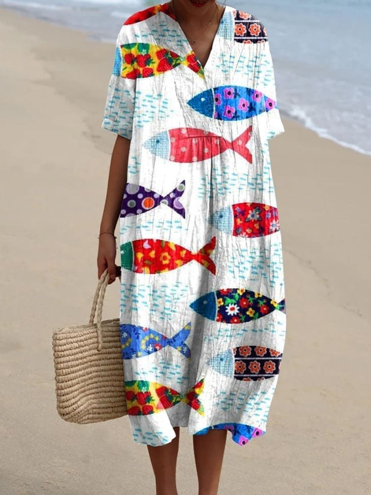 Plus-Size Women's Shirt Pocket Short-Sleeve Dress, Fish Pattern Base Print, Vacation-Style Dress_ecoleips.com
