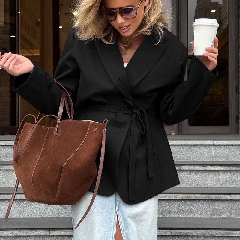 Women’s Relaxed Fit Blazer – Belted Waist Long Sleeve Suit Jacket | Casual Office Wear With Notch Lapel & Side Pockets_ecoleips.com