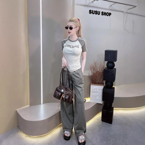Women's Color-Block Short Sleeve Top & High-Waisted Wide-Leg Pants Set - Summer Two Piece Outfit With Flattering Fit_ecoleips.com