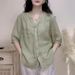 Bohemian Linen Shirt For Women - Oversized V-Neck Summer Blouse, Lightweight & Breathable (White/Green/Blue/Lavender/Grey/Navy/Orange)_ecoleips.com