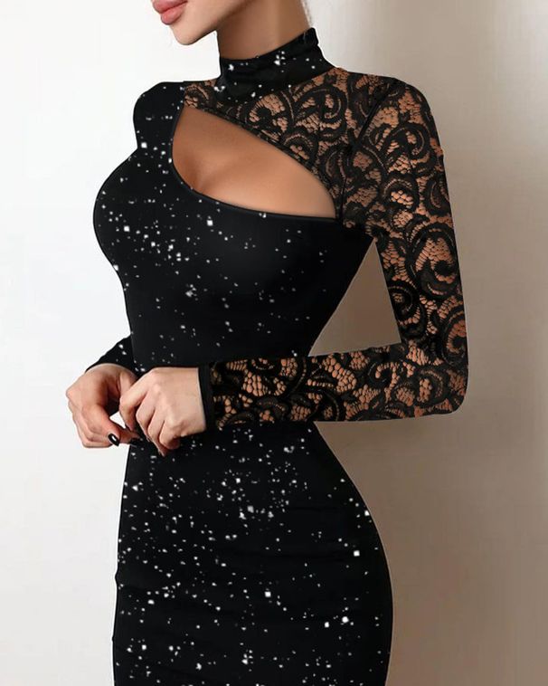 Women's Clothing Lace Hollow Fashion Dress Flashing Highlights Knitted Fabric Slim Fit Hip Skirt_ecoleips.com