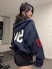 Women's Oversized Zip Up Hoodie, Casual Navy Letter Embroidery Loose Sweatshirt, Long Sleeve Streetwear Jacket For Daily Gym Workout Outdoor Wear, Sof_ecoleips.com