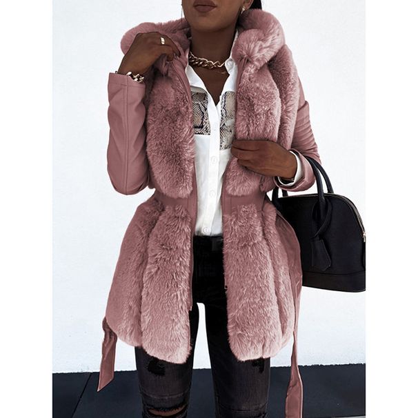Women's fur coat Women's belted hooded solid color zipper jacket_ecoleips.com