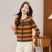Striped Colorful Round Neck Single Button Knit Cardigan Women's Autumn Casual Sweater Jacket Long Sleeve Outerwear_ecoleips.com